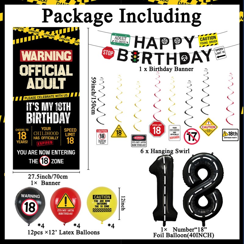 Roetyce 18th Birthday Decorations for Boys Girls, Caution Logos Happy 18th Birthday Banner Backdrop Balloons Hanging Swirls Kit, 18 Years Old Party Yard Door Wall Cover Background - Image 2