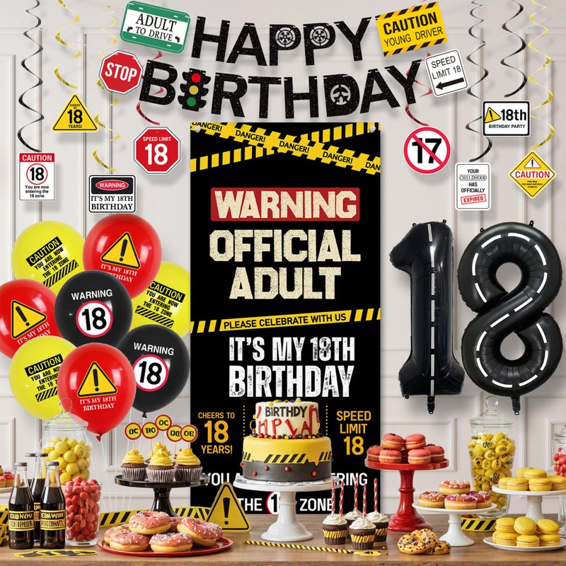 Roetyce 18th Birthday Decorations for Boys Girls, Caution Logos Happy 18th Birthday Banner Backdrop Balloons Hanging Swirls Kit, 18 Years Old Party Yard Door Wall Cover Background - Image 3