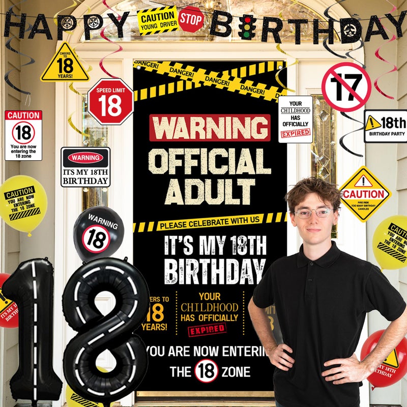 Roetyce 18th Birthday Decorations for Boys Girls, Caution Logos Happy 18th Birthday Banner Backdrop Balloons Hanging Swirls Kit, 18 Years Old Party Yard Door Wall Cover Background - Image 4