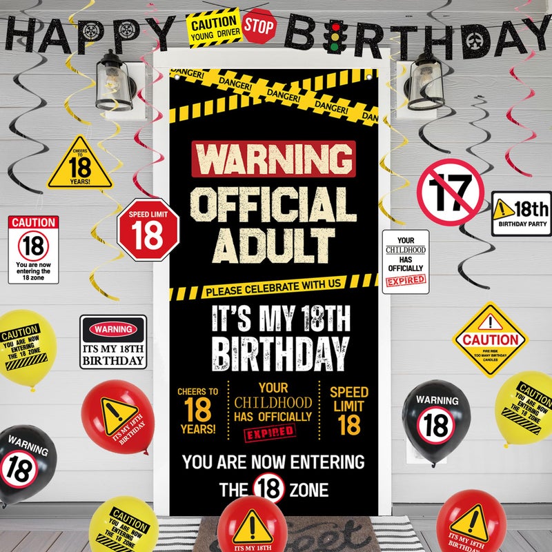 Roetyce 18th Birthday Decorations for Boys Girls, Caution Logos Happy 18th Birthday Banner Backdrop Balloons Hanging Swirls Kit, 18 Years Old Party Yard Door Wall Cover Background - Image 5