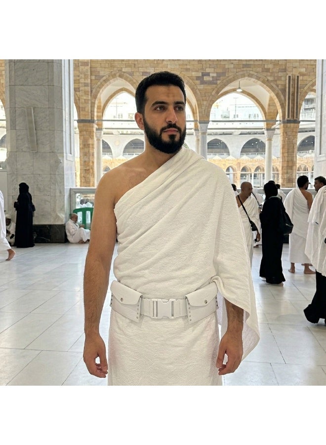 راحمة كوليكشنز حزام إحرام بجيوب للرجال | طول قابل للتعديل | غير مخيط حسب السنة | حزام خصر من النايلون، إبزيم للإغلاق، أبيض، سهل الارتداء ومريح للغاية، من مستلزمات الحج والعمرة، متوفر بمقاسات من كبير إلى 3XL - ضروري للحج والعمرة - Image 4
