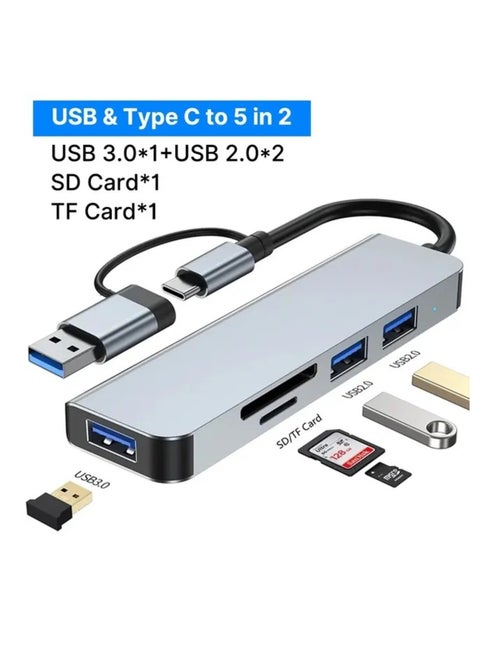USB C + USB Type A Hub 5 in1, USB C Adapter with Two USB-C Ports, USB 3.0, SD / TF Card Reader, Compatible with MacBook Pro & Air USB C Laptop and Other Type C Devices