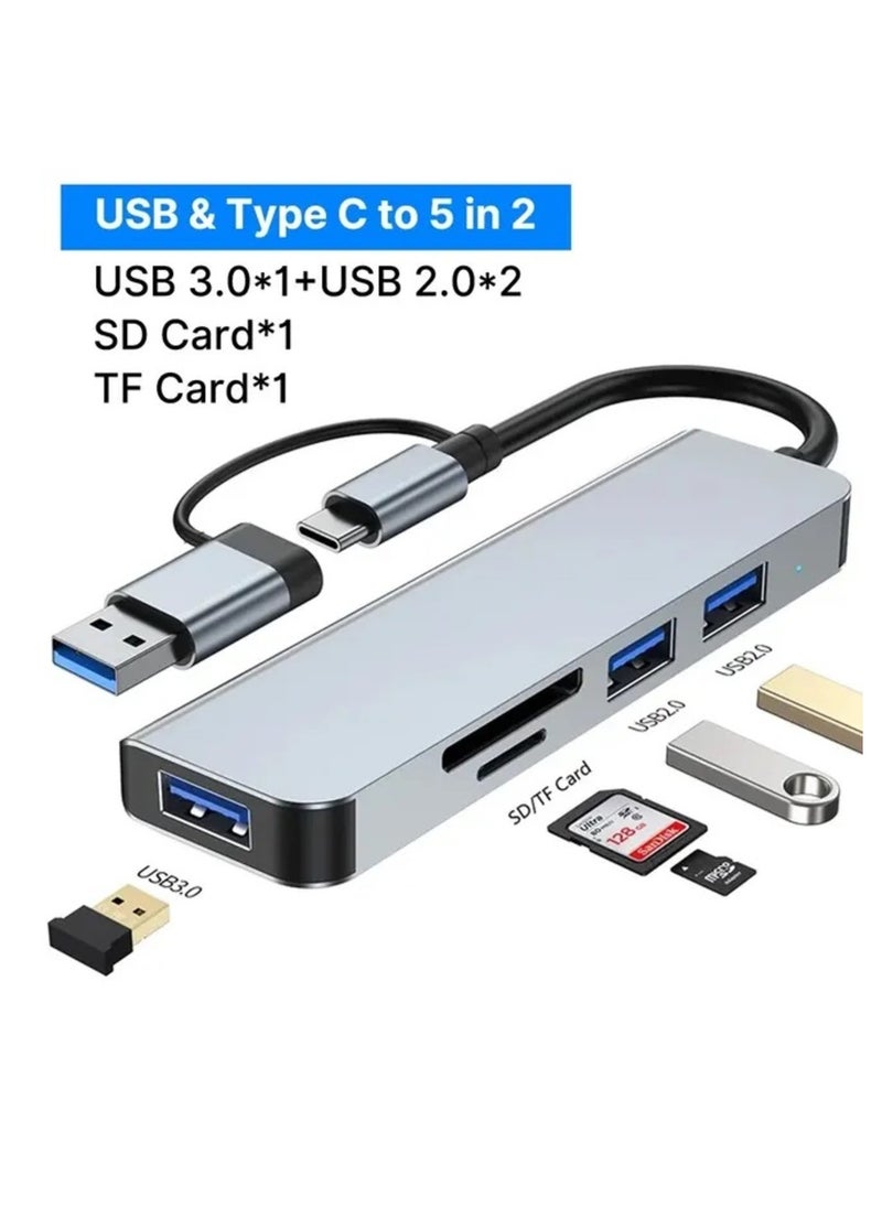 USB C + USB Type A Hub 5 in1, USB C Adapter with Two USB-C Ports, USB 3.0, SD / TF Card Reader, Compatible with MacBook Pro & Air USB C Laptop and Other Type C Devices