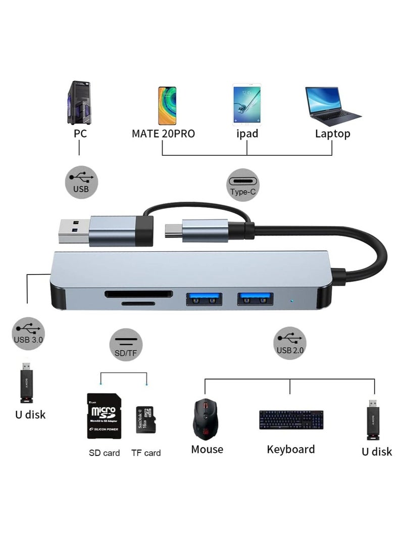 USB C + USB Type A Hub 5 in1, USB C Adapter with Two USB-C Ports, USB 3.0, SD / TF Card Reader, Compatible with MacBook Pro & Air USB C Laptop and Other Type C Devices
