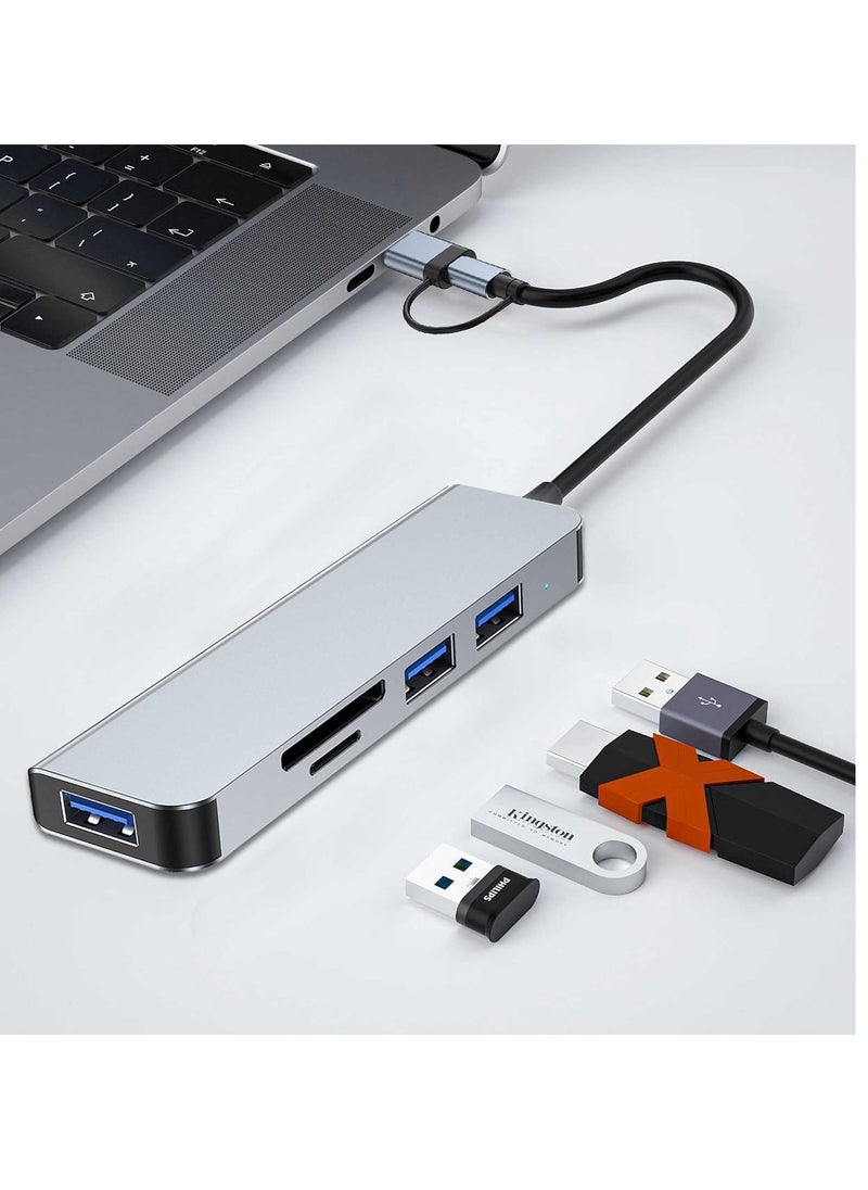 USB C + USB Type A Hub 5 in1, USB C Adapter with Two USB-C Ports, USB 3.0, SD / TF Card Reader, Compatible with MacBook Pro & Air USB C Laptop and Other Type C Devices