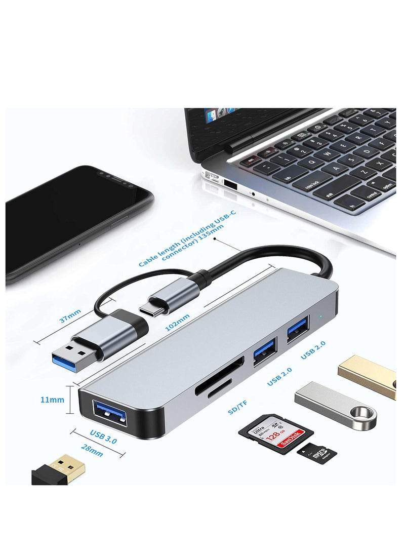 USB C + USB Type A Hub 5 in1, USB C Adapter with Two USB-C Ports, USB 3.0, SD / TF Card Reader, Compatible with MacBook Pro & Air USB C Laptop and Other Type C Devices