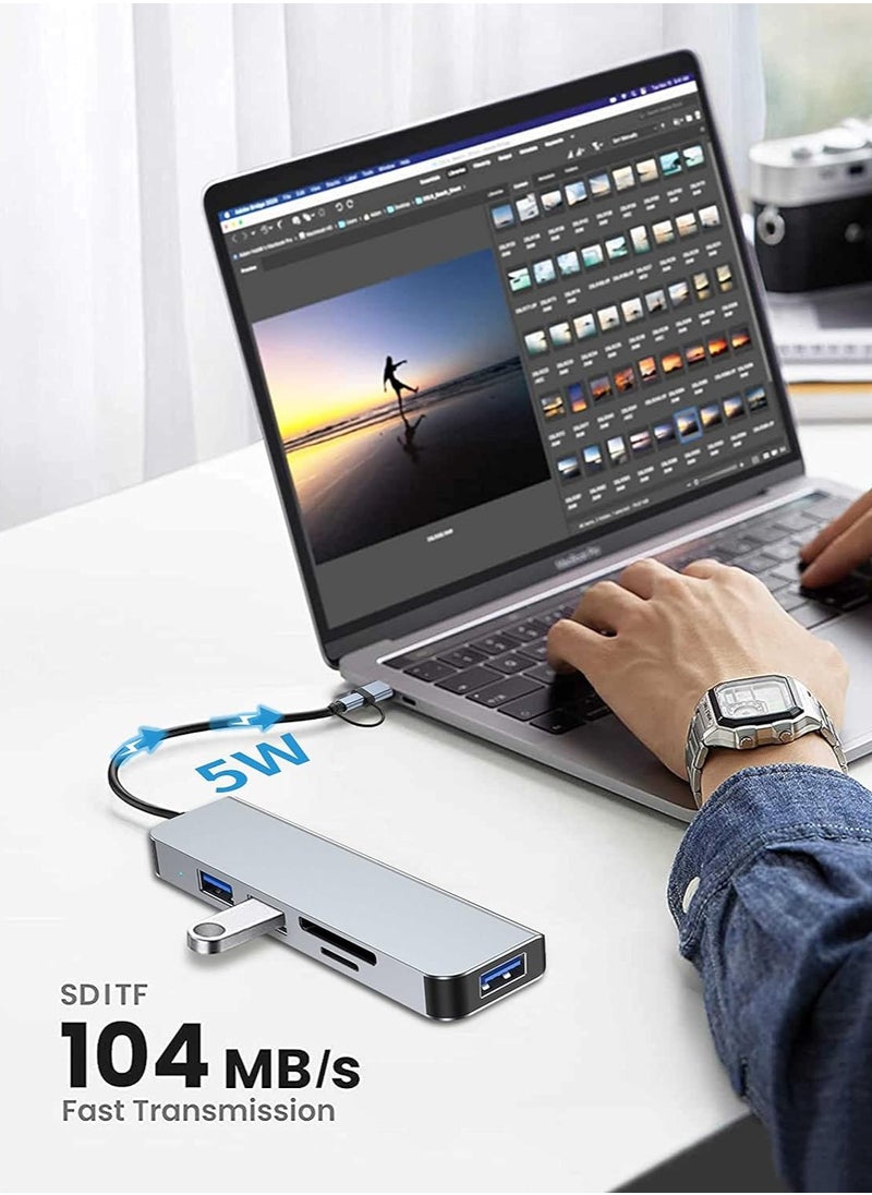 USB C + USB Type A Hub 5 in1, USB C Adapter with Two USB-C Ports, USB 3.0, SD / TF Card Reader, Compatible with MacBook Pro & Air USB C Laptop and Other Type C Devices