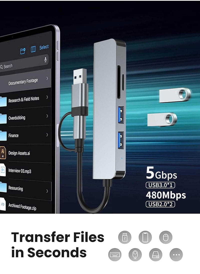 USB C + USB Type A Hub 5 in1, USB C Adapter with Two USB-C Ports, USB 3.0, SD / TF Card Reader, Compatible with MacBook Pro & Air USB C Laptop and Other Type C Devices