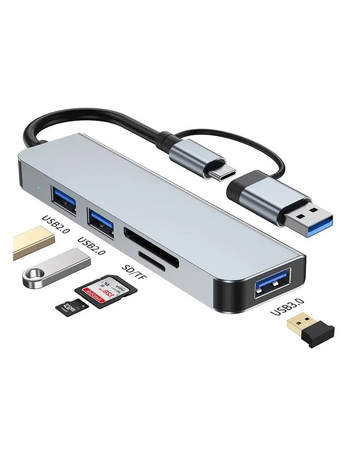 USB C + USB Type A Hub 5 in1, USB C Adapter with Two USB-C Ports, USB 3.0, SD / TF Card Reader, Compatible with MacBook Pro & Air USB C Laptop and Other Type C Devices
