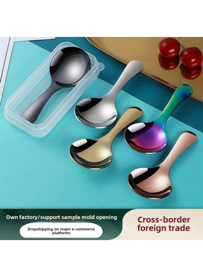 Colorful Stainless Steel Portable Short Handle Round Spoon Milk Powder Small Spoon Fashion Children Student Soup Spoon Dessert Seasoning-Color:Brown Suit - Image 1