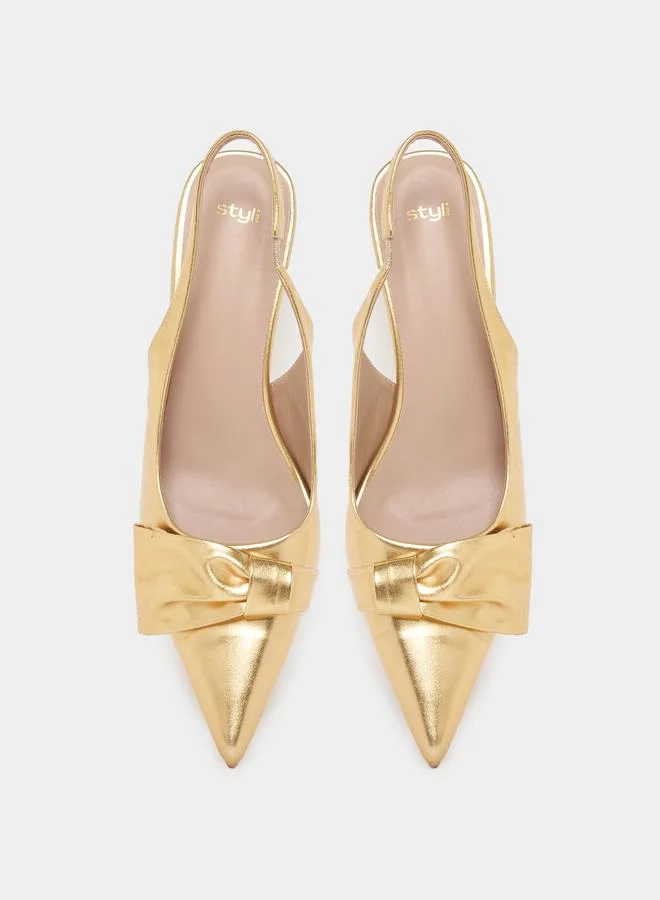Styli Pointed Toe Bow Detail Metallic Pumps