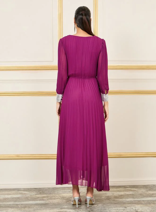 Styli Pleated Sequin Cuffed Sleeves A-Line Maxi Dress
