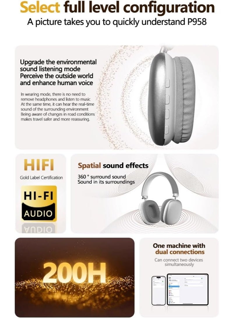 Bluetooth 5.3 Headphones, Hi-Fi Stereo Sound, 12H Playtime, Dual Connection, Over-Ear Wireless Headset with Type-C, Silver (Silvery) - Image 3