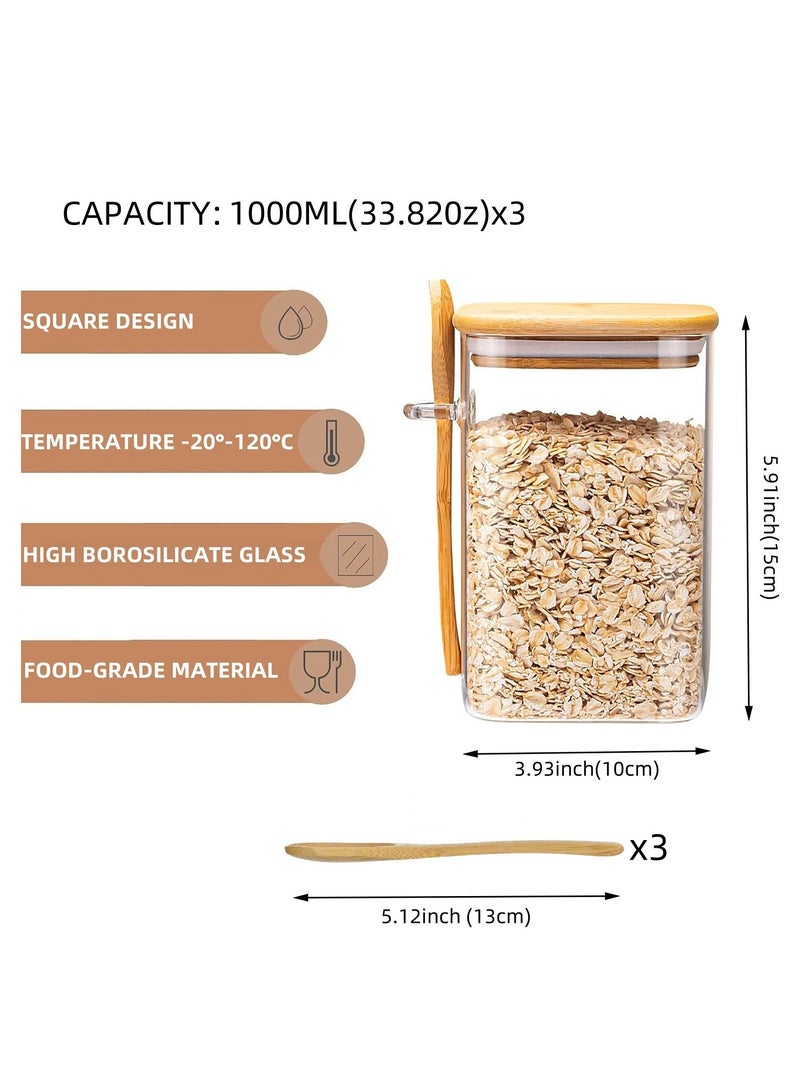 3Pack 1000ML(33.82oz) Square Glass Food Storage Jars,Kitchen Clear Glass Food Canisters with Bamboo Lid Airtight For Serving Tea, Coffee, Flour, Sugar, Salt, Cookie, Spices (3-Pack1000ML)  - Image 2