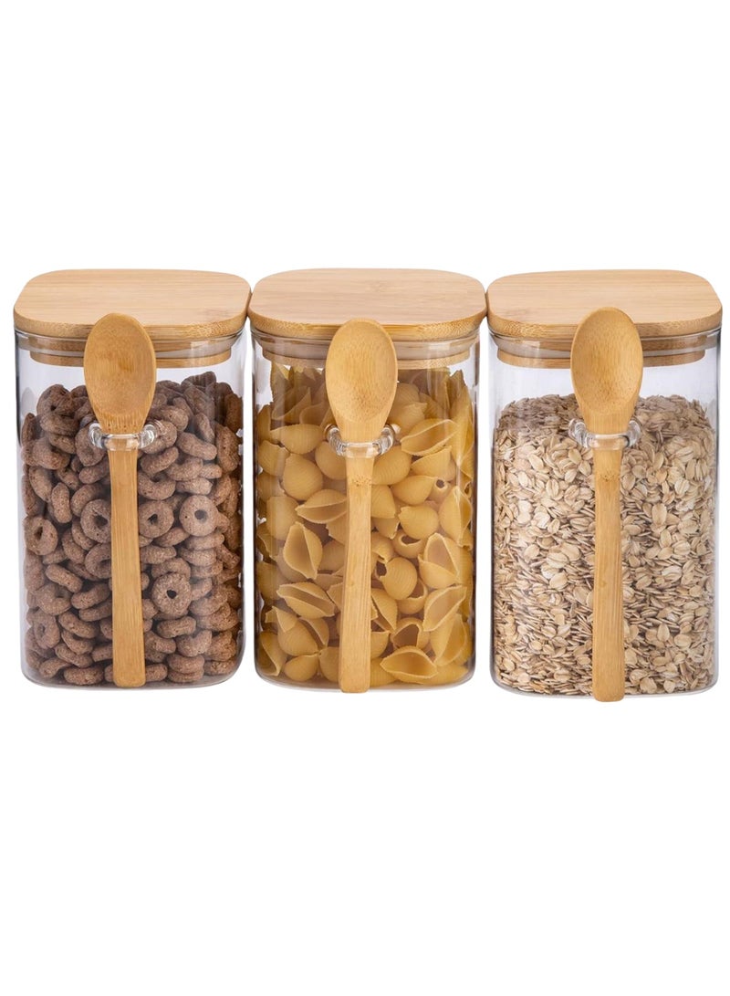 3Pack 1000ML(33.82oz) Square Glass Food Storage Jars,Kitchen Clear Glass Food Canisters with Bamboo Lid Airtight For Serving Tea, Coffee, Flour, Sugar, Salt, Cookie, Spices (3-Pack1000ML)  - Image 1