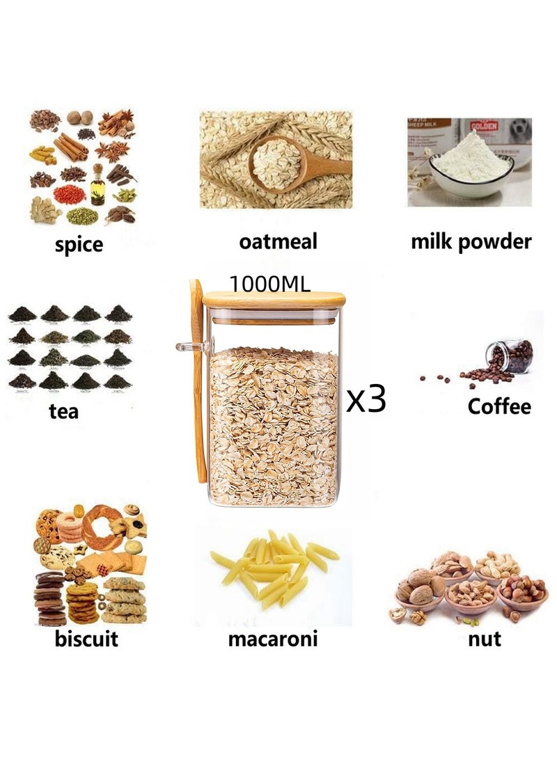 3Pack 1000ML(33.82oz) Square Glass Food Storage Jars,Kitchen Clear Glass Food Canisters with Bamboo Lid Airtight For Serving Tea, Coffee, Flour, Sugar, Salt, Cookie, Spices (3-Pack1000ML)  - Image 4