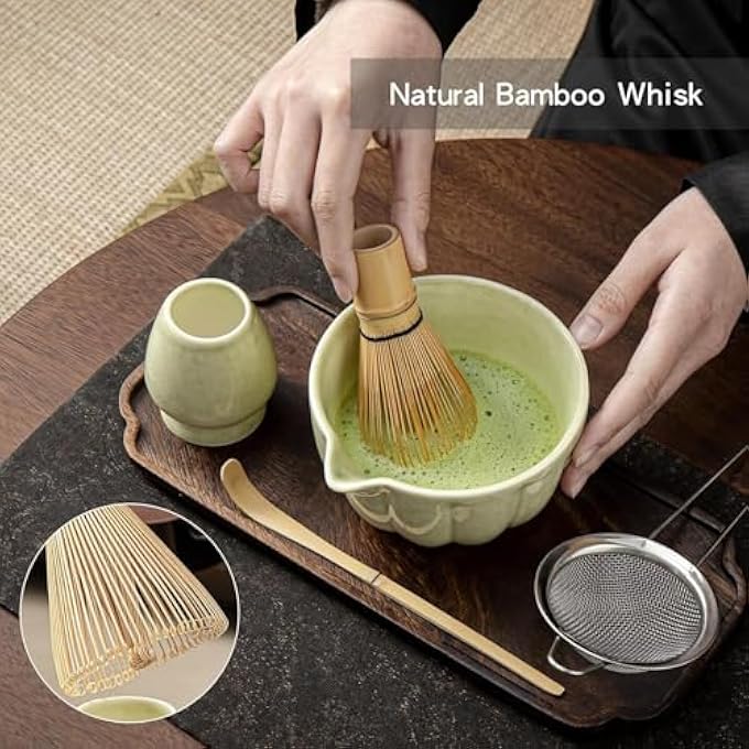 HiBREW Japanese Matcha Tea Set5 Pcs Matcha Whisk Set Matcha Bowl With Spout Matcha Whisk With Matcha Scoop Sifter Chasen Holder  Mottled Green Perfect Matcha Making Kit For Matcha Lover - Image 4