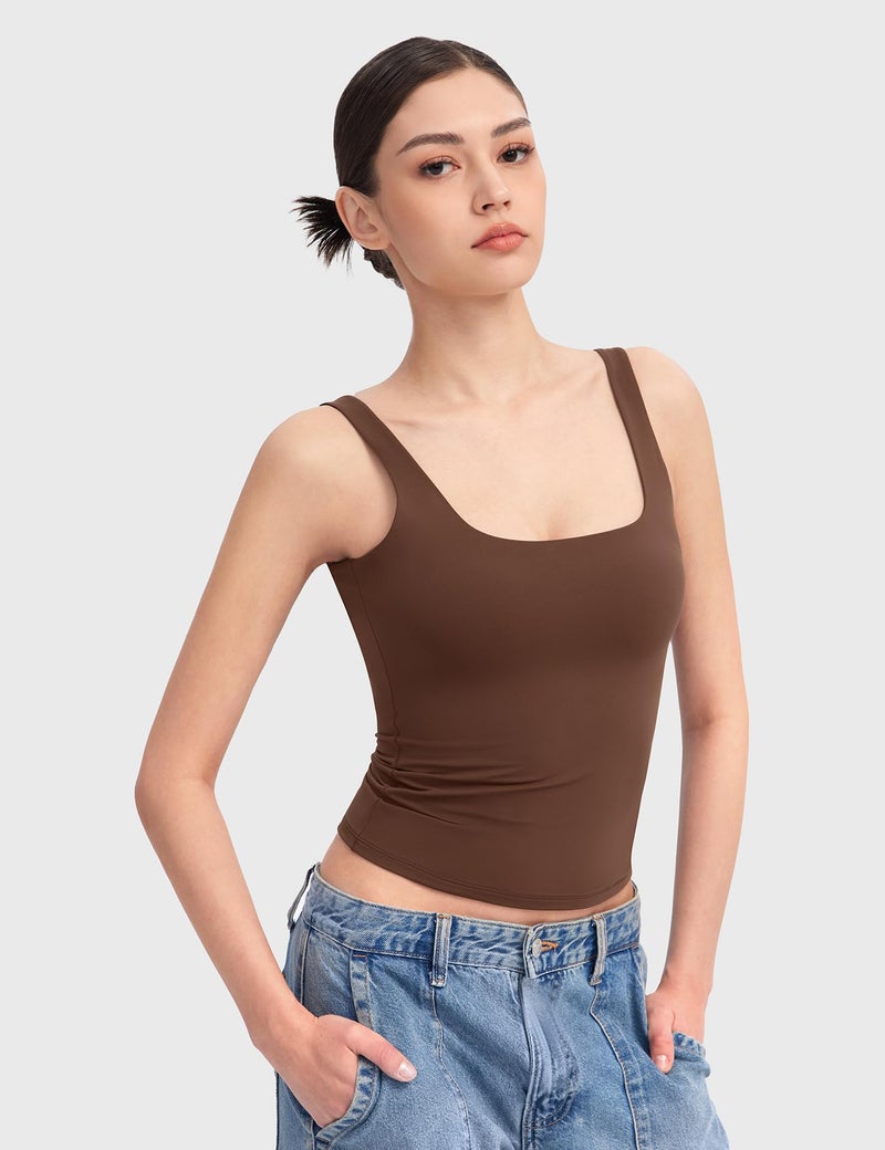 PUMIEY Tank Top for Women Square Neck Sleeveless Basic Workout Tank Tops, Chocolate Large - Image 3