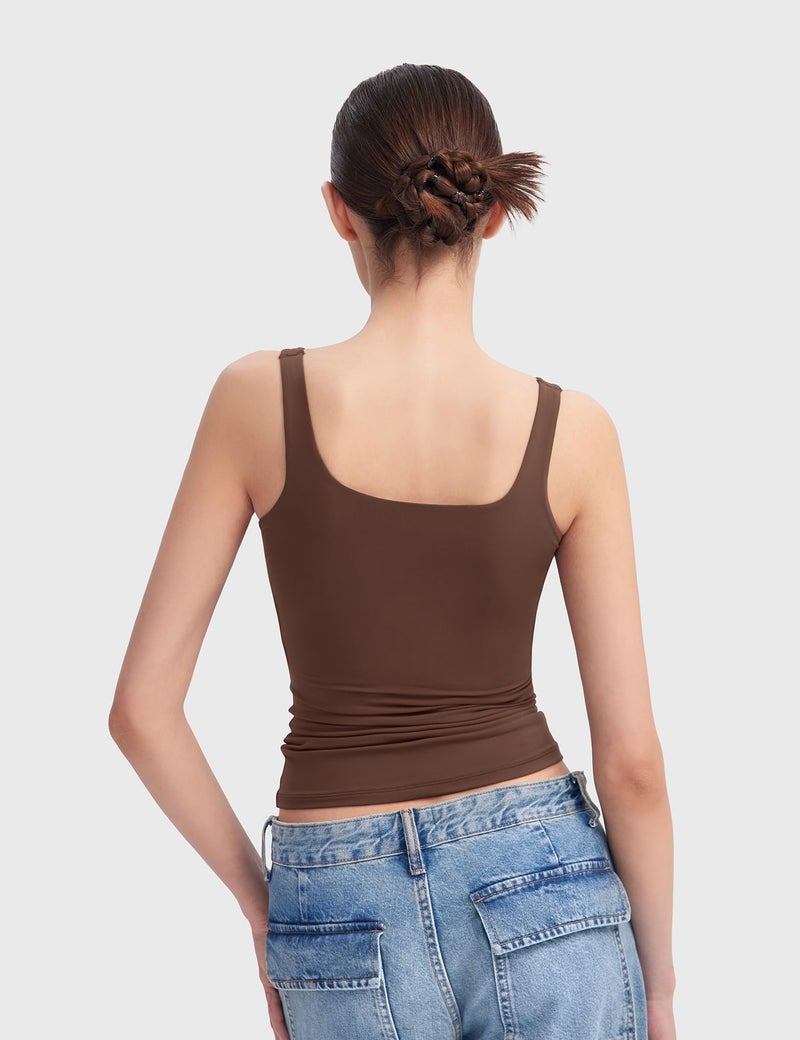 PUMIEY Tank Top for Women Square Neck Sleeveless Basic Workout Tank Tops, Chocolate Large - Image 4