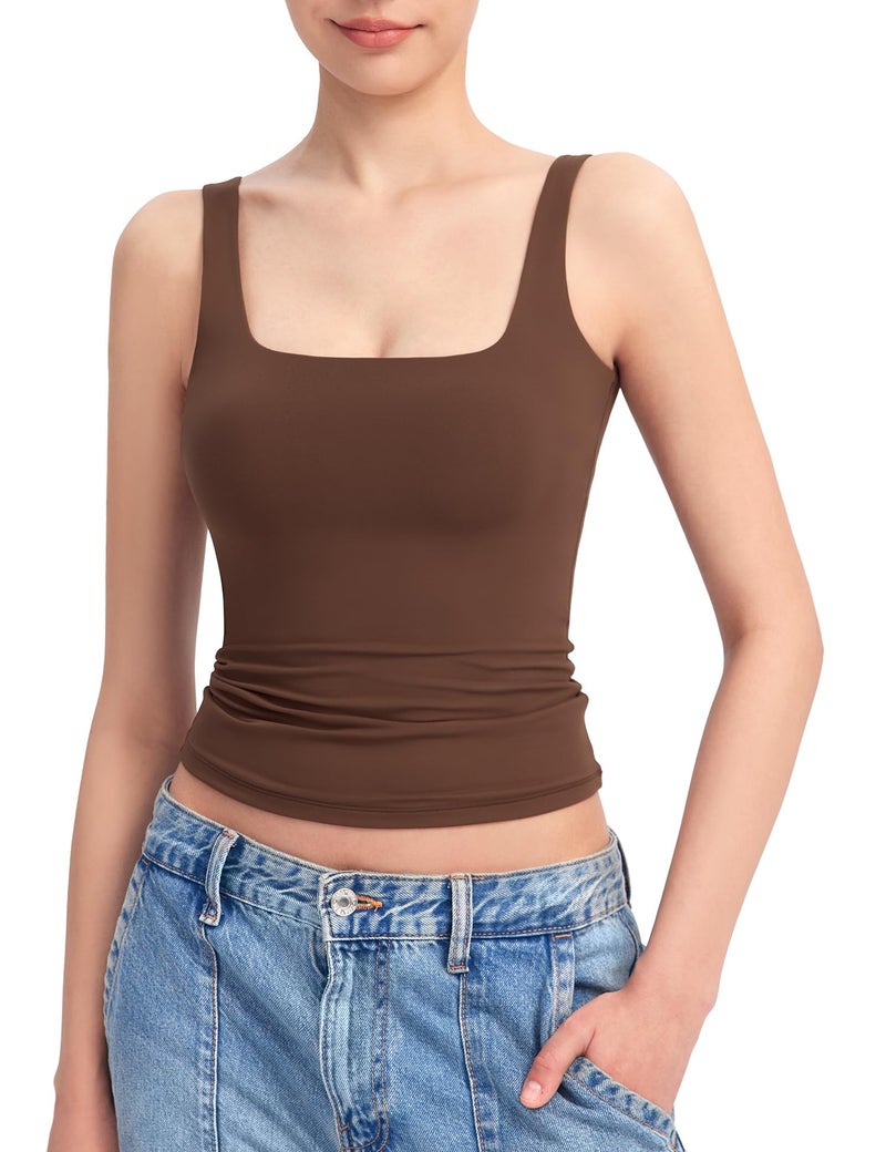 PUMIEY Tank Top for Women Square Neck Sleeveless Basic Workout Tank Tops, Chocolate Large - Image 1
