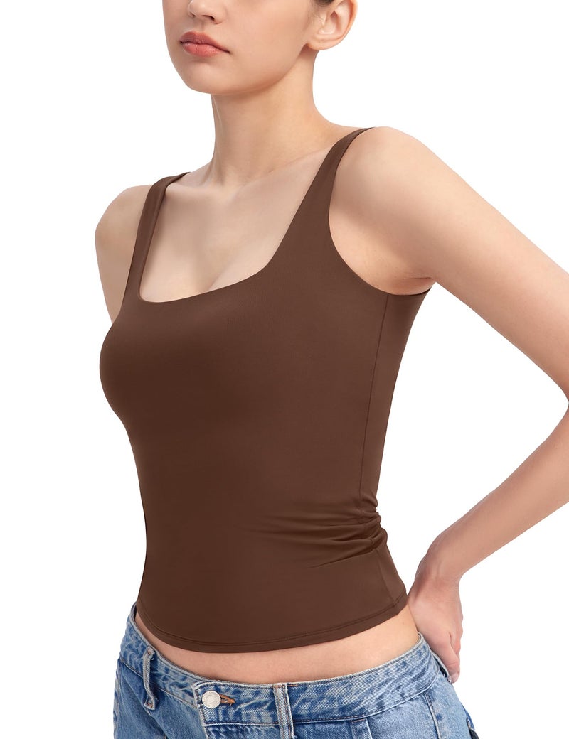 PUMIEY Tank Top for Women Square Neck Sleeveless Basic Workout Tank Tops, Chocolate Large - Image 5