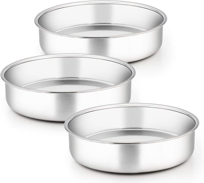 TeamFar 9½ Inch Cake Pan, 3 Pcs Round Tier Cake Pans Set Stainless Steel for Baking Steaming Serving, Perfect for Birthday Wedding Celebrations, Healthy & Sturdy, Mirror Finish & Dishwasher Safe - Image 1