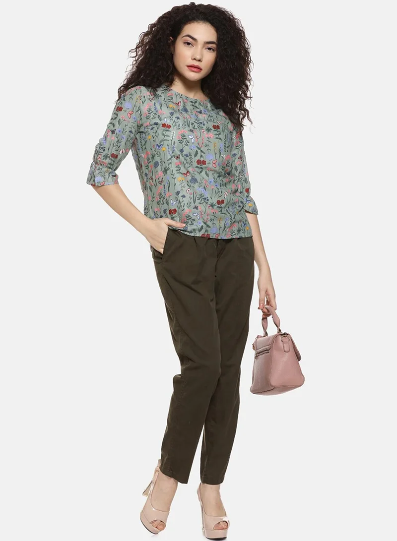 بينيا كولادا PINACOLADA Women's Sage Green Botanical Print Top For Casual Wear | Crew Neck | Quarter Sleeve | Crepe Top Crafted With Regular Sleeve & Comfort Fit For Everyday Wear