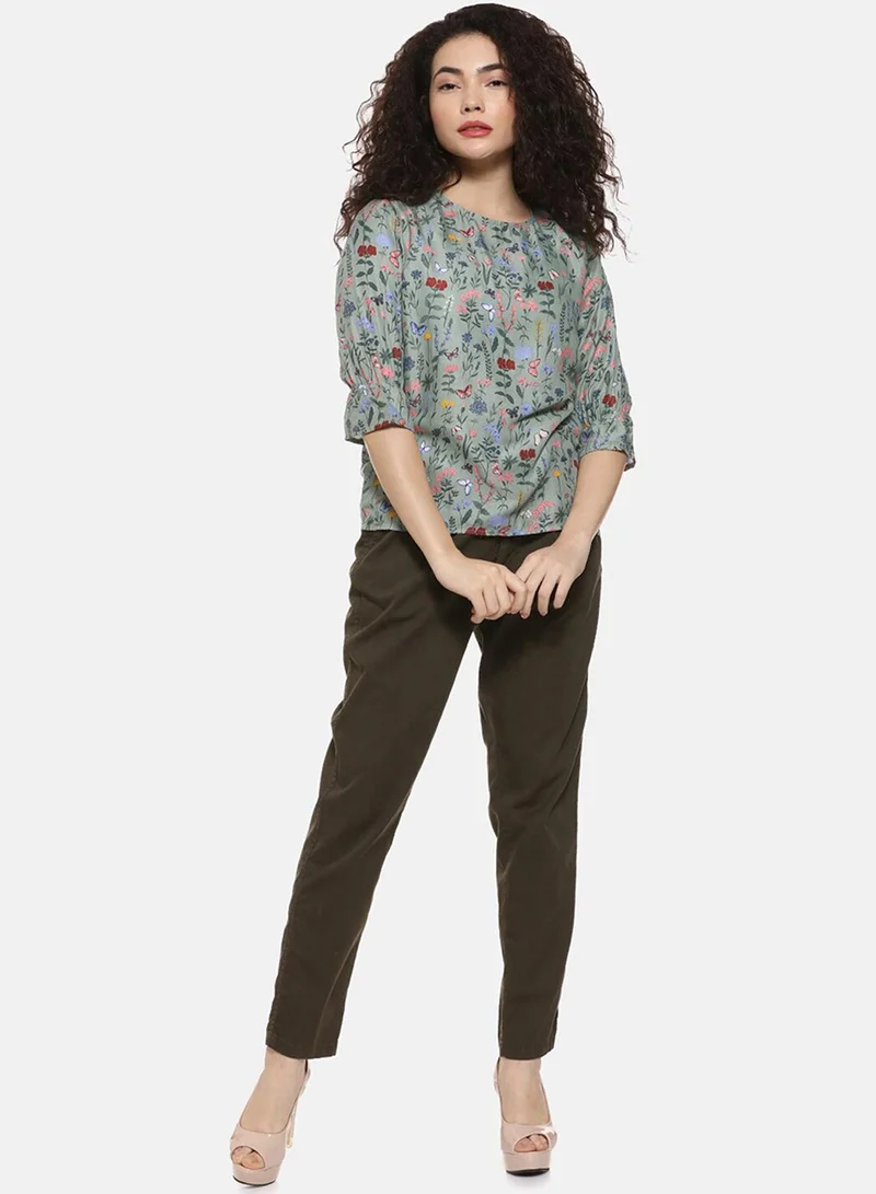 بينيا كولادا PINACOLADA Women's Sage Green Botanical Print Top For Casual Wear | Crew Neck | Quarter Sleeve | Crepe Top Crafted With Regular Sleeve & Comfort Fit For Everyday Wear