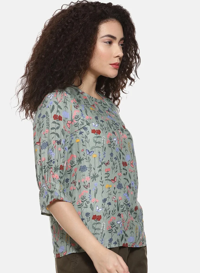 بينيا كولادا PINACOLADA Women's Sage Green Botanical Print Top For Casual Wear | Crew Neck | Quarter Sleeve | Crepe Top Crafted With Regular Sleeve & Comfort Fit For Everyday Wear