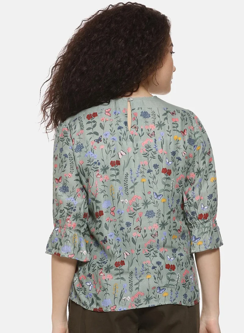 بينيا كولادا PINACOLADA Women's Sage Green Botanical Print Top For Casual Wear | Crew Neck | Quarter Sleeve | Crepe Top Crafted With Regular Sleeve & Comfort Fit For Everyday Wear