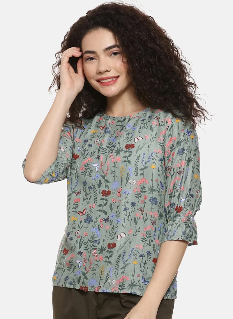 بينيا كولادا PINACOLADA Women's Sage Green Botanical Print Top For Casual Wear | Crew Neck | Quarter Sleeve | Crepe Top Crafted With Regular Sleeve & Comfort Fit For Everyday Wear