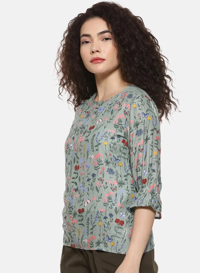 بينيا كولادا PINACOLADA Women's Sage Green Botanical Print Top For Casual Wear | Crew Neck | Quarter Sleeve | Crepe Top Crafted With Regular Sleeve & Comfort Fit For Everyday Wear