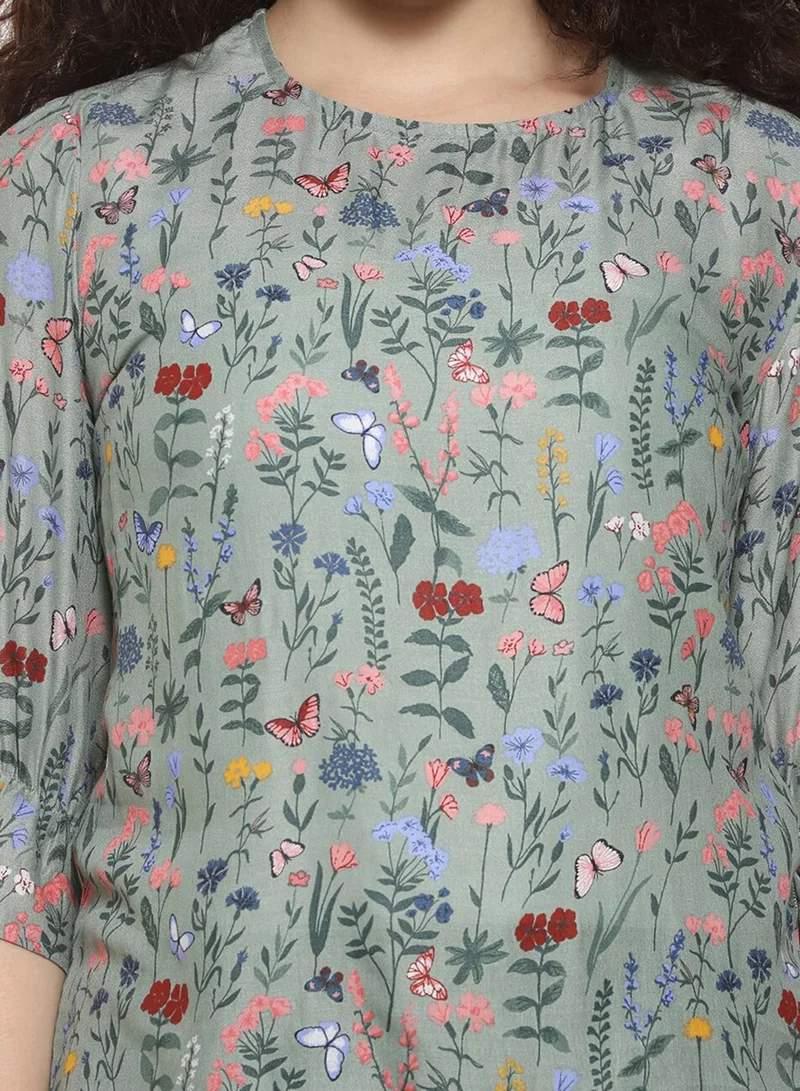 بينيا كولادا PINACOLADA Women's Sage Green Botanical Print Top For Casual Wear | Crew Neck | Quarter Sleeve | Crepe Top Crafted With Regular Sleeve & Comfort Fit For Everyday Wear