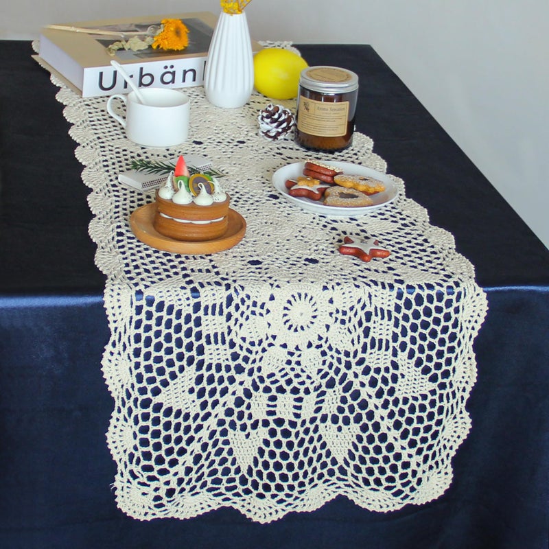 kilofly Handmade Crochet Lace Rectangular Table Runner 15 x 71 Inch  Beige - Image 2
