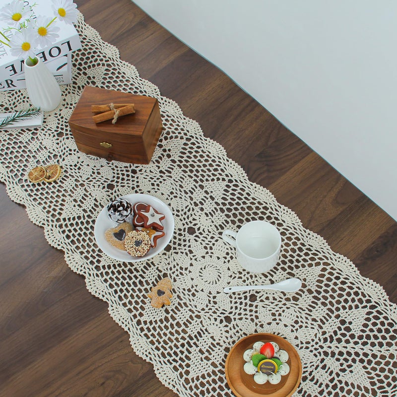 kilofly Handmade Crochet Lace Rectangular Table Runner 15 x 71 Inch  Beige - Image 3