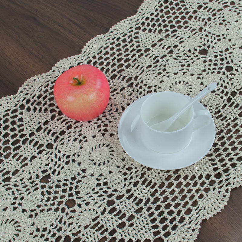 kilofly Handmade Crochet Lace Rectangular Table Runner 15 x 71 Inch  Beige - Image 5