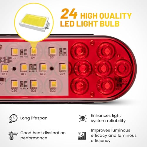 Oyviny 6 Inch Oval Red LED Trailer Tail Lights 2PCS, Super Bright 24LEDs Oval 6" Brake Turn Stop Tail Lights with Flush Mount Grommets DOT SAE Certified for RV Truck, Bus, Trucks - Image 5