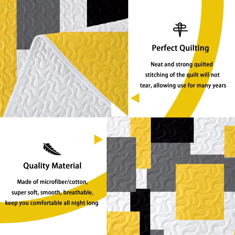 Tyrot 3 Piece Yellow Grey Quilt Set Full/Queen Size Yellow Gray White Geometric Reversible Bedding Set Microfiber Lightweight Bedspread Coverlet with 2 Shams Modern Bed Cover for All Season, 90''x96'' - Image 4