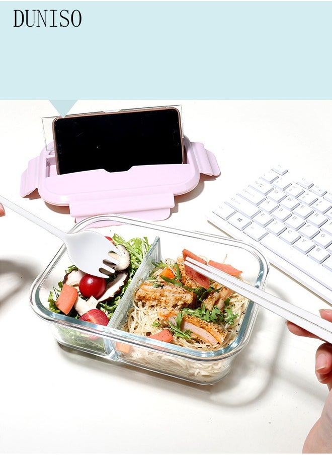 DUNISO - 960ml glass lunch box with glass bowl, lunch box with reusable chopsticks and forks, leak proof food container for portable dining, lunch box cover can be used as a phone holder, microwave safe pink - Image 1