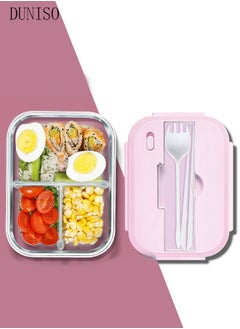 960ml glass lunch box with glass bowl, lunch box with reusable chopsticks and forks, leak proof food container for portable dining, lunch box cover can be used as a phone holder, microwave safe pink