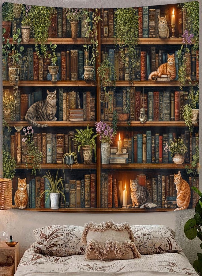 GOAOK Magic Library Tapestry, Green Nature Plant Bookshelf Tapestries for Classroom, Vintage Retro Witchy Library Book Gothic Academics Cat Tapestry for Bedroom Living Room Dorm Office 60X40 Inch - Image 3
