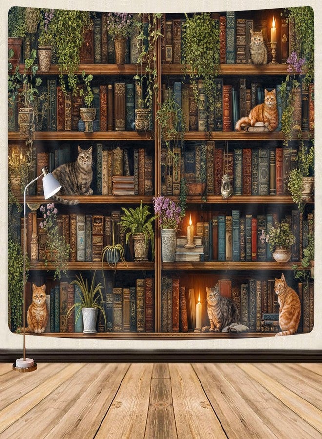 GOAOK Magic Library Tapestry, Green Nature Plant Bookshelf Tapestries for Classroom, Vintage Retro Witchy Library Book Gothic Academics Cat Tapestry for Bedroom Living Room Dorm Office 60X40 Inch - Image 2
