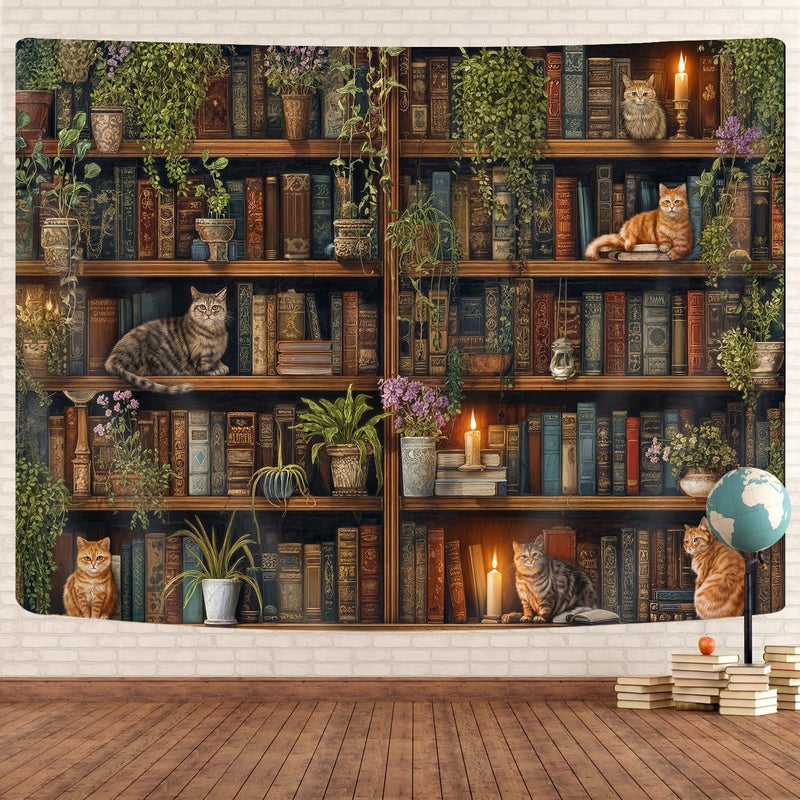 GOAOK Magic Library Tapestry, Green Nature Plant Bookshelf Tapestries for Classroom, Vintage Retro Witchy Library Book Gothic Academics Cat Tapestry for Bedroom Living Room Dorm Office 60X40 Inch - Image 1