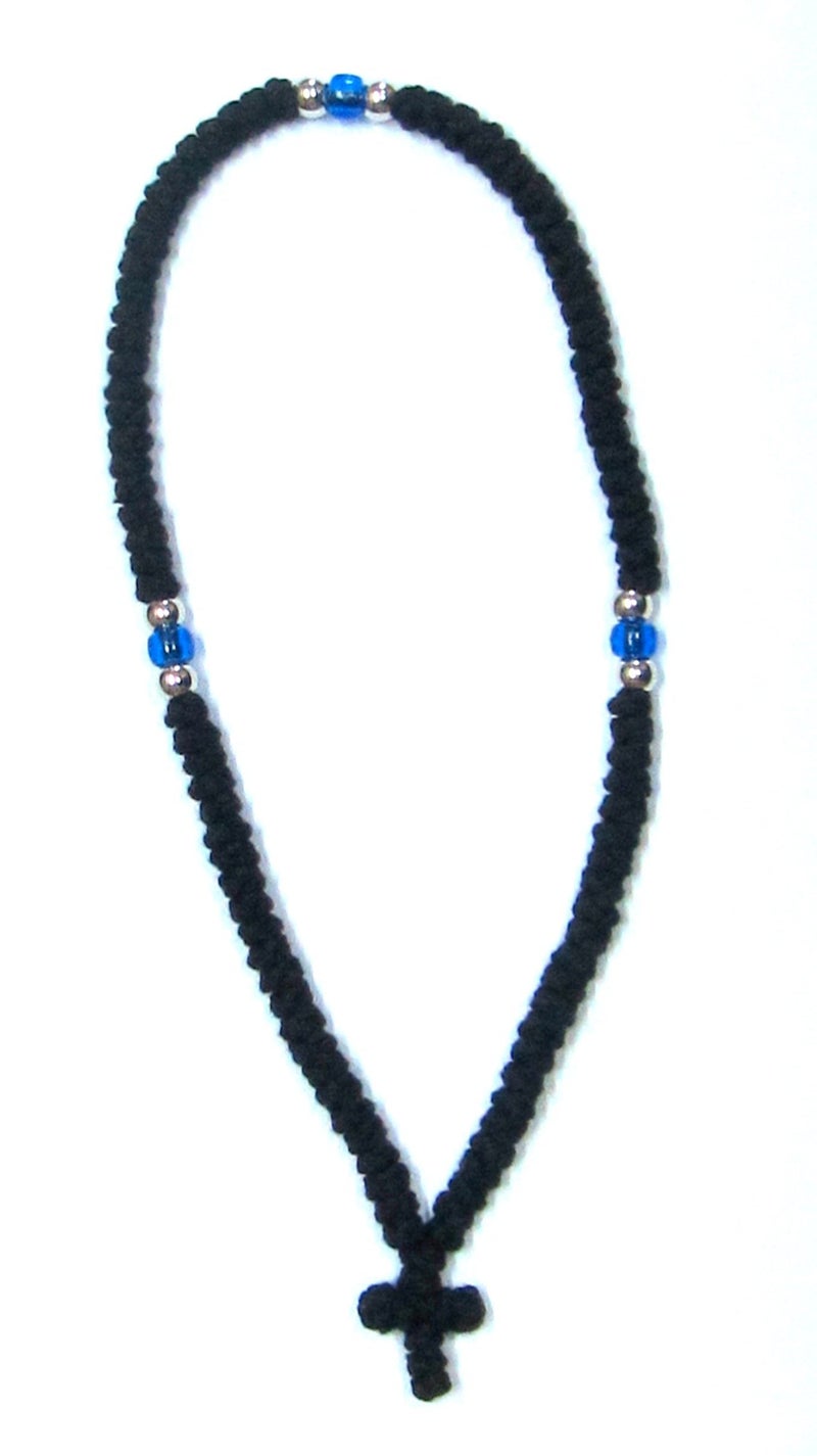 Iconsgr Handmade Blessed Christian Orthodox Komboskoini Prayer Rope 100 Knots Wool Pentant Black