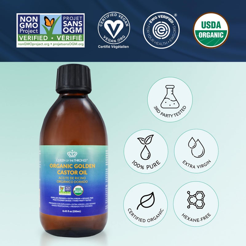 QUEEN OF THE THRONES Organic Golden Castor Oil | 100% Pure for Hair, Skin, Nails, Brows & Lashes | Hexane-Free | USDA Certified [8.4oz (250ml)] - Image 3
