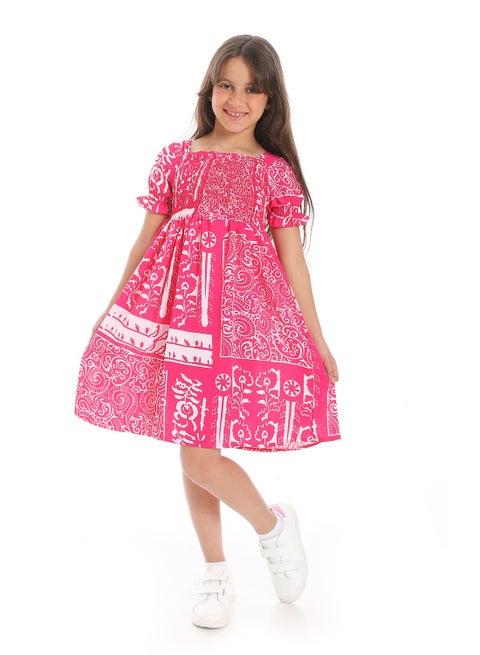 Puff Sleeves Slip On Girls Dress _ Magenta & White