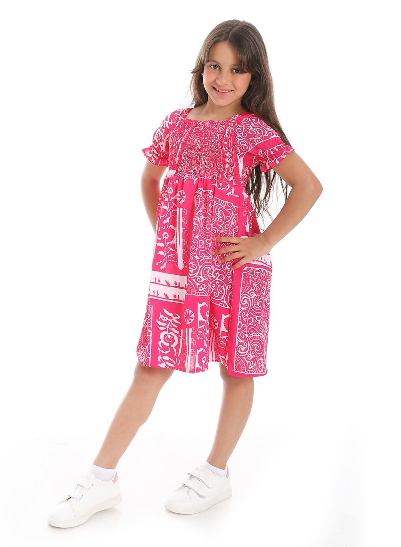 Andora Puff Sleeves Slip On Girls Dress _ Magenta & White - Image 2