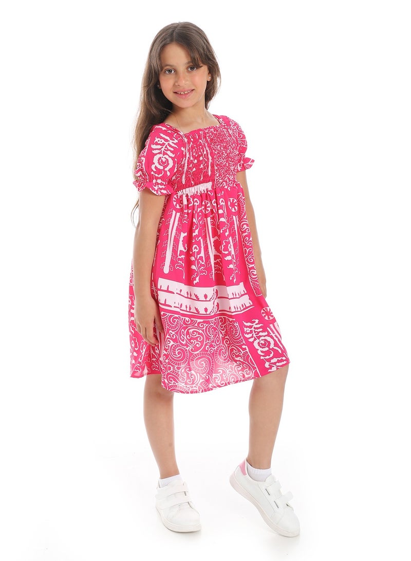 Andora Puff Sleeves Slip On Girls Dress _ Magenta & White - Image 3