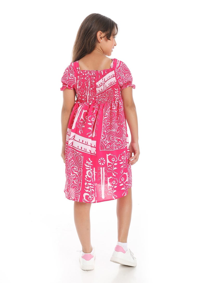 Andora Puff Sleeves Slip On Girls Dress _ Magenta & White - Image 4