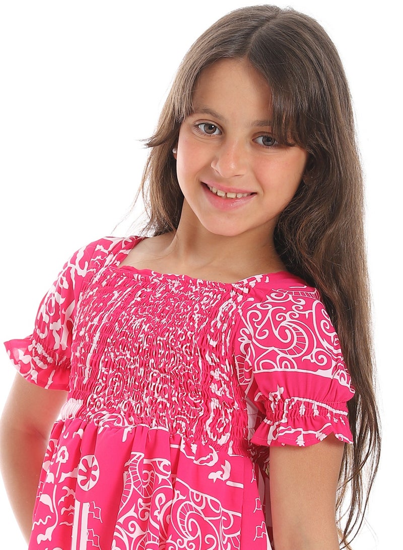 Andora Puff Sleeves Slip On Girls Dress _ Magenta & White - Image 5
